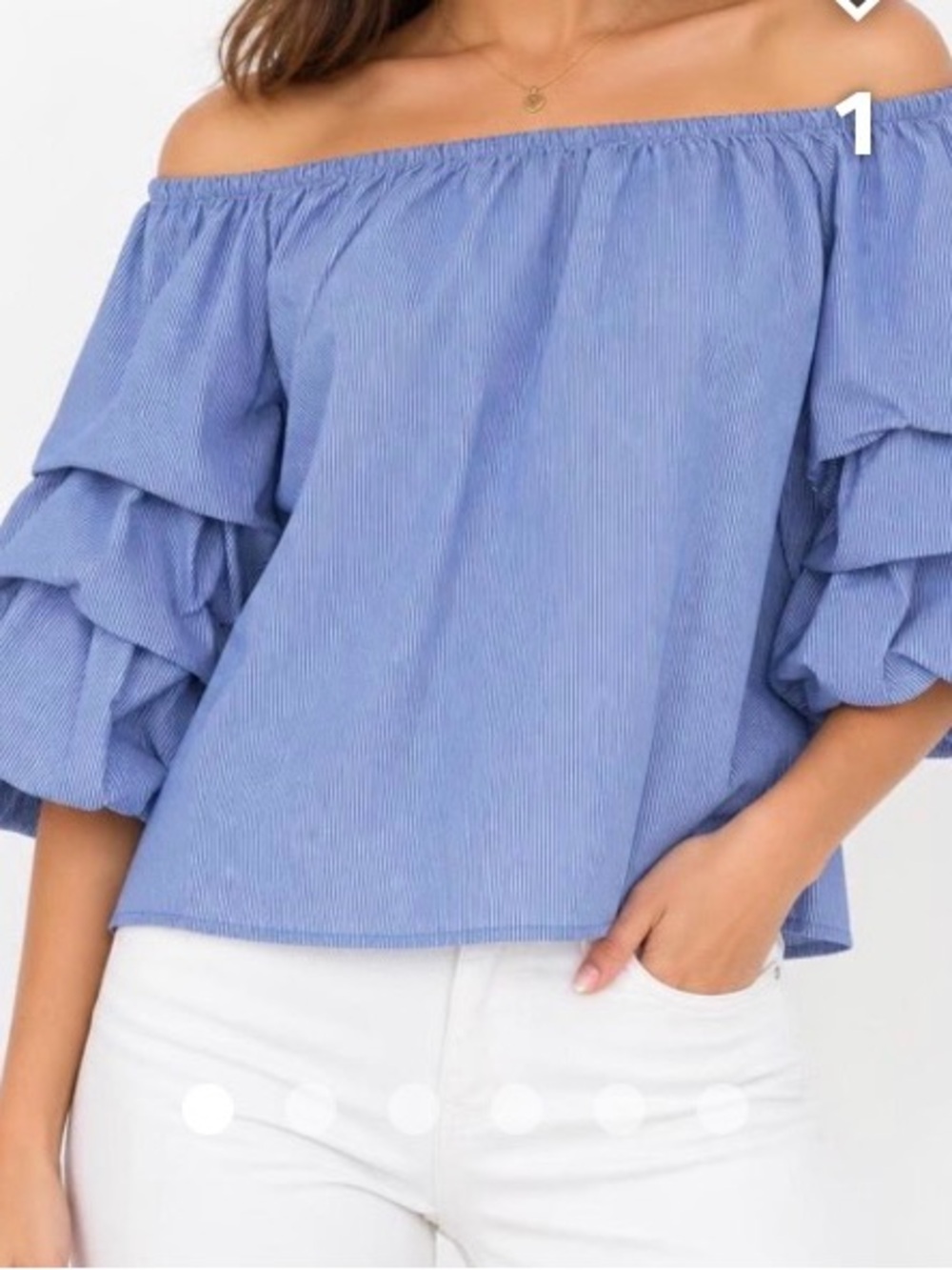 Zara Light Blue and white striped Puff-Sleeve Square Neck Blouse